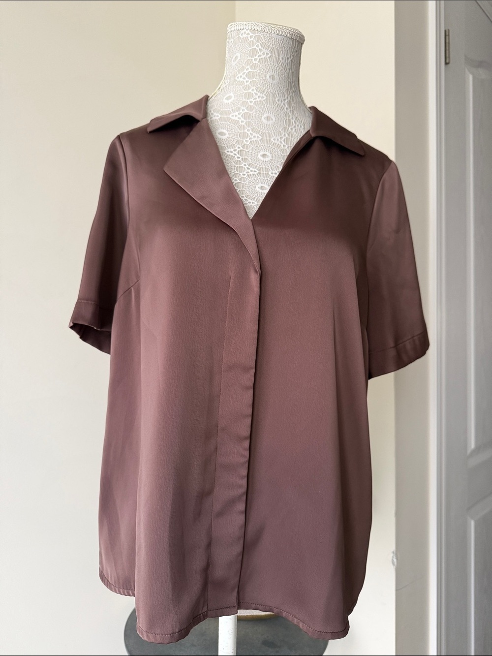 Satin Short Sleeve Button-Front Blouse in Mauve Brown